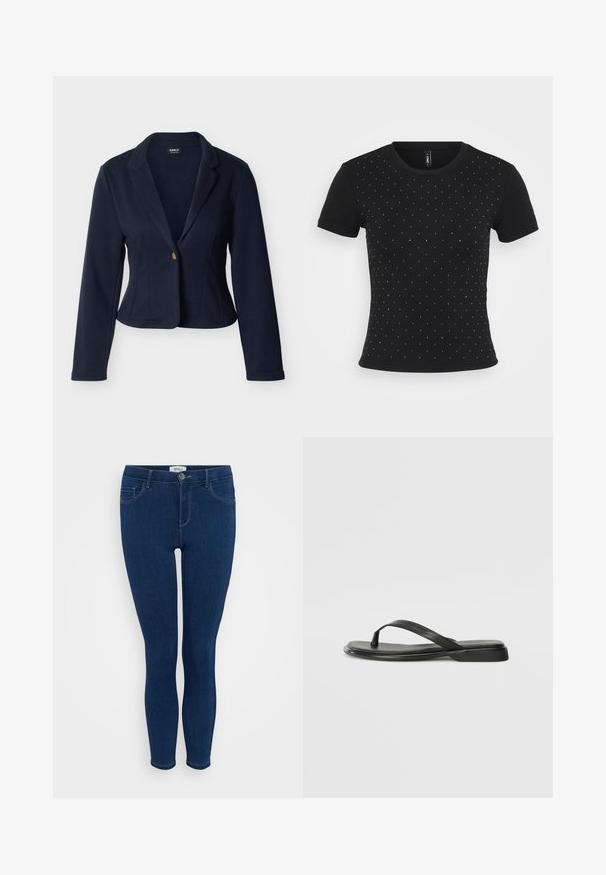 Marineblauer Damenblazer mit langen Ärmeln, einzelne goldene Knopfleiste, Reverskragen mit Ausschnitt, taillierte Passform und kurze Länge.; Schwarzes kurzärmliges T-Shirt aus Rippstoff, das auf der Vorderseite verstreute Strassakzente für zusätzliche Details aufweist.; Dunkelblaue Skinny-Jeans aus Denim, mit einem klassischen Fünf-Taschen-Design und einem Frontknopfverschluss. Glatte Textur mit minimalen Nähten.; Schwarze Flip-Flops aus glattem Leder, mit einem dünnen Riemendesign und einer flachen Sohle mit minimalem Profil. Keine bemerkenswerten Muster oder Akzente.