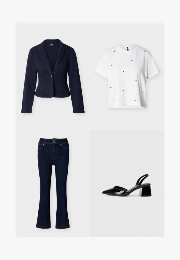 Blazer para mujer azul marino con mangas largas, cierre de un solo botón dorado, cuello con solapa con muesca, corte entallado y longitud corta.; Camiseta blanca de manga corta con cuello redondo, con pequeños patrones de corazones azules esparcidos por el frente y las mangas.; Vaqueros acampanados de mezclilla azul oscuro con cierre de cintura de doble botón y bolsillos delanteros, exhibidos sobre un fondo claro liso.; Zapatos de tacón slingback de charol negro con punta afilada y tacón geométrico en bloque. Presentan un diseño elegante y minimalista, así como una textura suave.