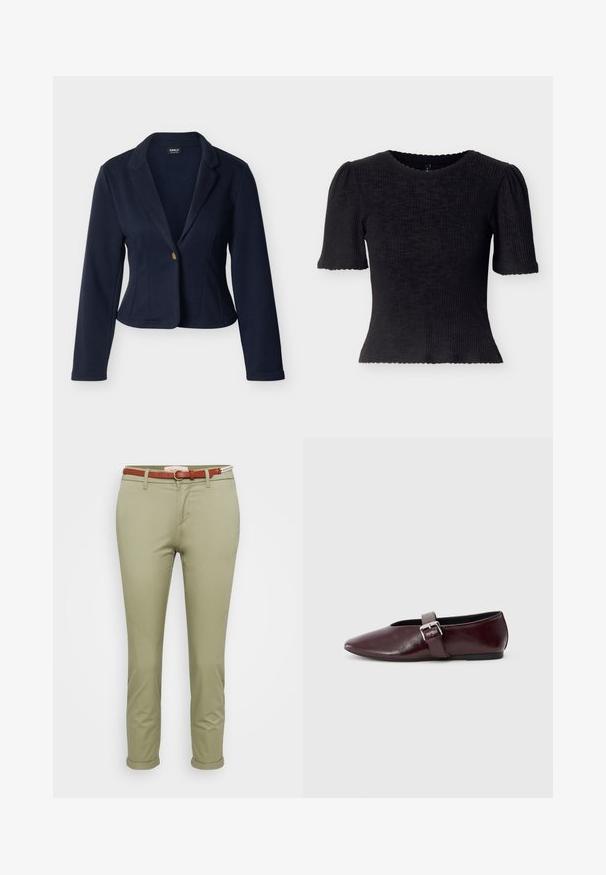 Marineblauer Damenblazer mit langen Ärmeln, einzelne goldene Knopfleiste, Reverskragen mit Ausschnitt, taillierte Passform und kurze Länge.; Schwarzes, geripptes Oberteil mit kurzen Puffärmeln und einem wellenförmigen Ausschnitt. Eng anliegendes Design mit strukturiertem Stoff und einem kurz geschnittenen Saum.; Hellgrüne Baumwollchinos mit hochgerolltem Saum, ausgestattet mit einem braunen Gürtel mit einer runden Schnalle und einem Taillenlabel auf der Rückseite.; Burgunderfarbene Leder-Ballettschuhe mit spitzem Schuhkopf, flacher Sohle und einem dekorativen Schnallenriemen quer über dem Spann. Glatte, glänzende Textur.