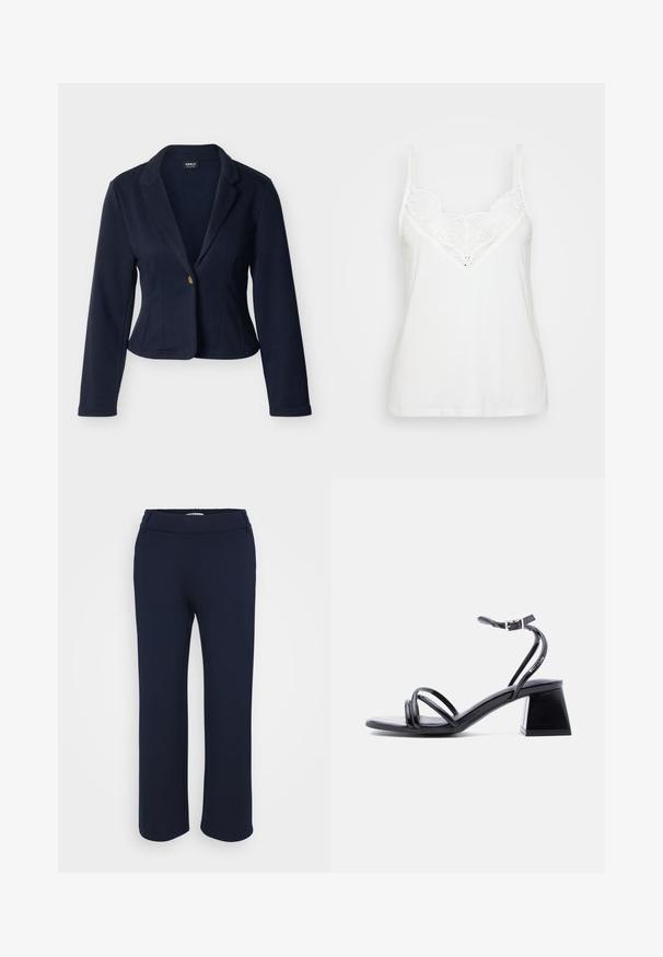 Blazer para mujer azul marino con mangas largas, cierre de un solo botón dorado, cuello con solapa con muesca, corte entallado y longitud corta.; Camiseta blanca sin mangas con tirantes finos, con un diseño de escote en V de encaje y textura suave. Forma simple y ajustada sin patrones adicionales.; Pantalones rectos de color azul marino, confeccionados en una tela elástica, que cuentan con una cinturilla plana y dos bolsillos laterales para mayor funcionalidad.; Sandalia negra con tiras, abierta en la punta, con hebilla en el tobillo y tacón cuadrado, vista lateral sobre un fondo claro y liso.