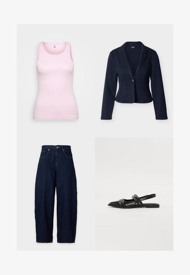 Blazer para mujer azul marino con mangas largas, cierre de un solo botón dorado, cuello con solapa con muesca, corte entallado y longitud corta.; Top de algodón rosa sin mangas con una textura acanalada y un escote redondo clásico. Diseño ajustado y sin detalles prominentes.; Vaqueros de mezclilla azul oscuro con pernera ancha, cierre frontal con botón y cremallera, trabillas para cinturón y bolsillos delanteros sobre un fondo claro.; Even&Odd by Zalando Bailarinas con tira trasera - black