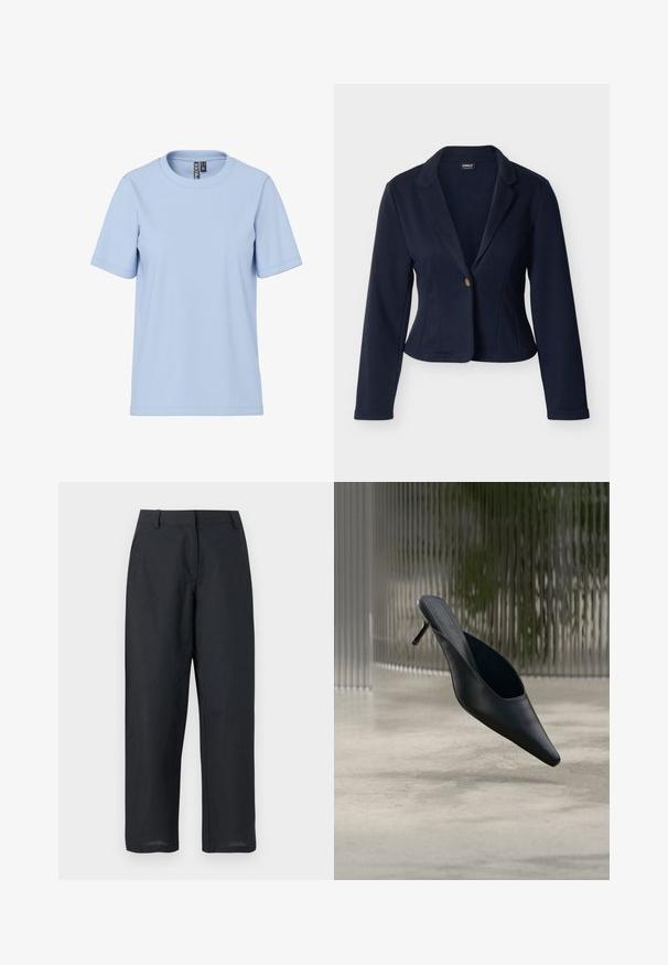 Blazer pour femme bleu marine à manches longues, fermeture à un bouton doré, col à revers cranté, coupe ajustée et longueur courte.; T-shirt bleu clair à manches courtes en tissu doux, avec un col rond classique et sans motifs ni accessoires visibles.; Pantalon noir à coupe droite avec passants de ceinture, fermeture éclair à l'avant et poches latérales, présenté sur un fond blanc.; Mule noire à bout pointu avec un talon fin et haut flottant au-dessus d'un sol en béton lisse, avec un arrière-plan flou à rayures verticales.