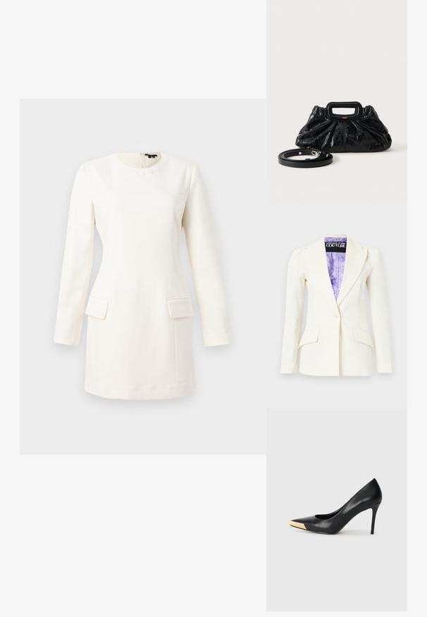 Hvid skræddersyet blazer med enkelt knaplukning, hakede reverser, klaplommer og lilla mønstret inderfoer med mærket Versace Jeans Couture.; Hvid langærmet kjole med rund halsudskæring, tætsiddende silhuet, to forlommer og et subtilt præg af logo nær halsen. Glat stoftekstur.; Sort læder stiletter med spids tå; har et metalisk guldakcent på tåkapperne. Glat overflade med et strømlinet design.; Lille sort læderhåndtaske med rynket tekstur, rektangulært håndtag og aftagelig tynd skulderrem placeret ved siden af.
