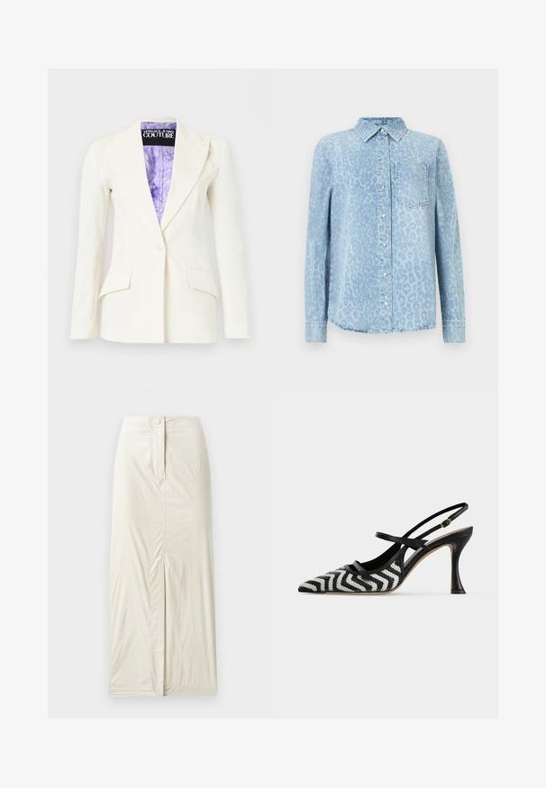 Hvid skræddersyet blazer med enkelt knaplukning, hakede reverser, klaplommer og lilla mønstret inderfoer med mærket Versace Jeans Couture.; Lyseblå denimskjorte med leopardprintmønster, krave, lange ærmer, knaplukning foran og en brystlomme. Struktureret finish.; Lys beige, knælang nederdel lavet af glat, tekstureret stof. Har en frontslids og en knaplukning i taljen.; Sort-hvid zigzag-mønstret spids tå slingback højhælet sko med tynde stropper og en guldbøjle på en hvid baggrund.