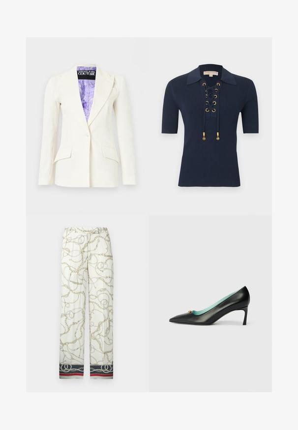 Blazer blanco entallado con cierre de un solo botón, solapas con muesca, bolsillos de solapa y forro interior con estampado púrpura etiquetado Versace Jeans Couture.; Top azul marino de manga corta con textura acanalada, cuello ancho y detalle de cordones en la parte delantera con ojales dorados y punteras doradas con marca.; Pantalones blancos con un estampado de cadenas en dorado, con un borde decorativo en azul marino y rojo en el dobladillo, cintura elástica fruncida.; Zapato de tacón alto de cuero negro con punta afilada, interior azul claro y detalle de acento dorado en la parte superior. Textura suave.