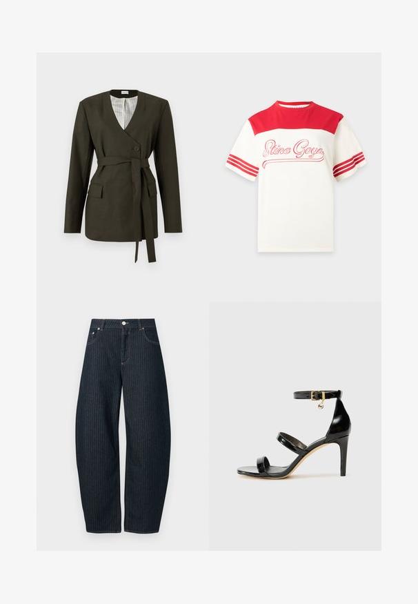 Olijfgroene blazer met een V-hals, lange mouwen, een enkele knopen sluiting, zijzakken en een bijpassende stoffen riem. Gestreepte satijnen voering.; Wit en rood t-shirt met korte mouwen met rode strepen op de mouwen en een "Stine Goya" scriptlogo over de borst; CLOSED JAZZIE - Relaxed fit jeans - dark blue; Zwarte gepatineerde leren sandaal met drie banden, enkelgesp en 10 cm hoge stiletto hak. Bevat gouden hardwaredetails en een logo charm.