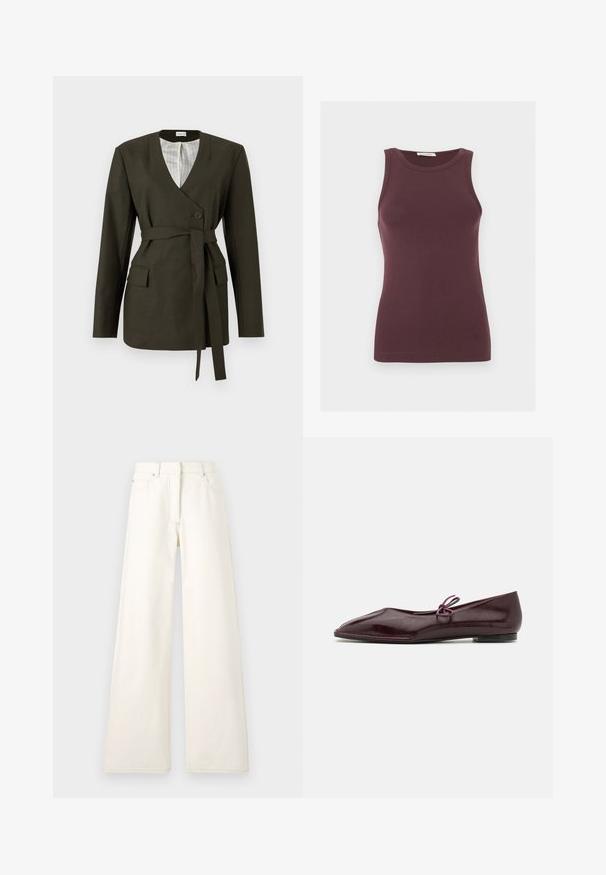 Olivengrüner Blazer mit V-Ausschnitt, langen Ärmeln, einem Knopfverschluss, Seitentaschen und einem passenden Stoffgürtel. Gestreifte Satin-Innenausstattung.; Ärmelloses, dunkelviolettes, eng anliegendes Tanktop mit rundem Ausschnitt und dezentem Logo nahe dem Saum, auf hellem, einfachem Hintergrund dargestellt.; Weite, cremefarbene Hosen aus Denim mit sichtbaren Nähten und Taschen. Das Design hat eine hohe Taille und eine gerade Silhouette.; Ballerinas aus bordeauxrotem Lackleder mit einer spitzen Zehenform und einem dekorativen lila Bogen auf dem Blatt; flaches Sohlen-Design.