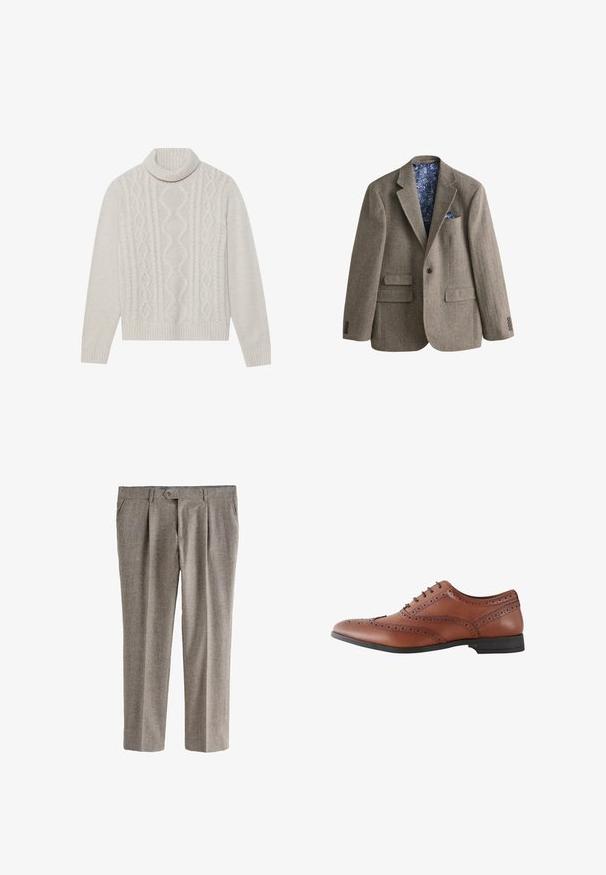 Brun fiskeben uldblazer med hakket revers, to forlommer med klap, enkelt knaplukning og blå blomsterprintet inderfor med matchende lommetørklæde.; Cremefarvet kabelstrikket sweater med høj ribkant, prydet med et struktureret mønster samt ribbede manchetter og kant. Blødt uldblend materiale.; Grå ternede bukser med lige ben, der har frontfolder, en enkelt knaplukning og lommer. Struktureret stof.; Brun læder herre brogue-sko med dekorative perforeringer og sort sål, vist fra siden.