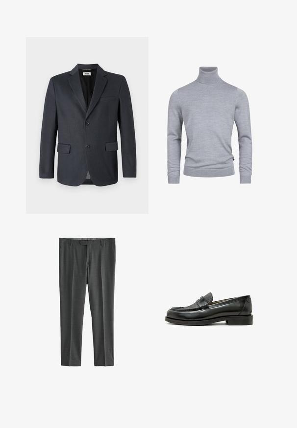 Donkergrijze blazer van gestructureerde stof met een geknipt revers, twee voorzakken en sluiting met twee knopen. Gevoerde binnenkant.; Grijze coltrui gemaakt van een zachte breistof. Beschikt over lange mouwen en een getailleerd ontwerp met geribde manchetten en zoom. Simpele, gladde textuur.; Grijze dresspants van gestructureerde stof, met een rechte pijpdesign, riemlussen, een knoopsluiting en twee zijzakken.; Zwarte leren loafer met een textuuraccent van zwart leer, ronde neus en een lage blokhak; beschikt over een decoratief metallic detail.
