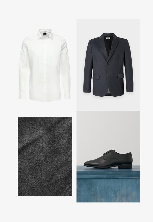 Dunkelgrauer Blazer aus strukturiertem Stoff mit einem Reverskragen, zwei vorderen Taschen und einer ebenfalls zweiknöpfigen Verschluss. Gefüttertes Innere.; Weißes Langarmhemd, knöpfbarer Ausschnitt, klassischer Kragen, glattes Baumwollgewebe, leicht, mit dezenten Nähten und ohne Muster.; Strukturierter schwarzer Stoff mit einer weichen, leicht glänzenden Oberfläche, die ein dezentes Webmuster und einen geschmeidigen Fall aufweist.; Schwarze Lederdressschuhe mit glatter Oberfläche, runder Spitze und minimaler Schnürung. Verfügen über einen niedrigen Absatz und ein elegantes Design vor einem neutralen Hintergrund.