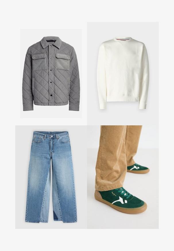 Quiltet grå jakke lavet af tekstureret stof, med to brystlommer, trykknapper og spidse krave. Holdbart og isoleret design.; Hvid sweatshirt med rund hals, ribbede manchetter og en subtil logo-detalje. Blødt materiale med en glat tekstur og et minimalistisk design.; Straight-leg blå denimjeans med klassisk fem-lomme design og forreste knaplukning, vist fladt på en neutral baggrund.; Grønne svineder sko med hvide accenter og grønne snørebånd. Gummisål, rund tå og tan detaljer på hælen. Båret med fløjl bukser.
