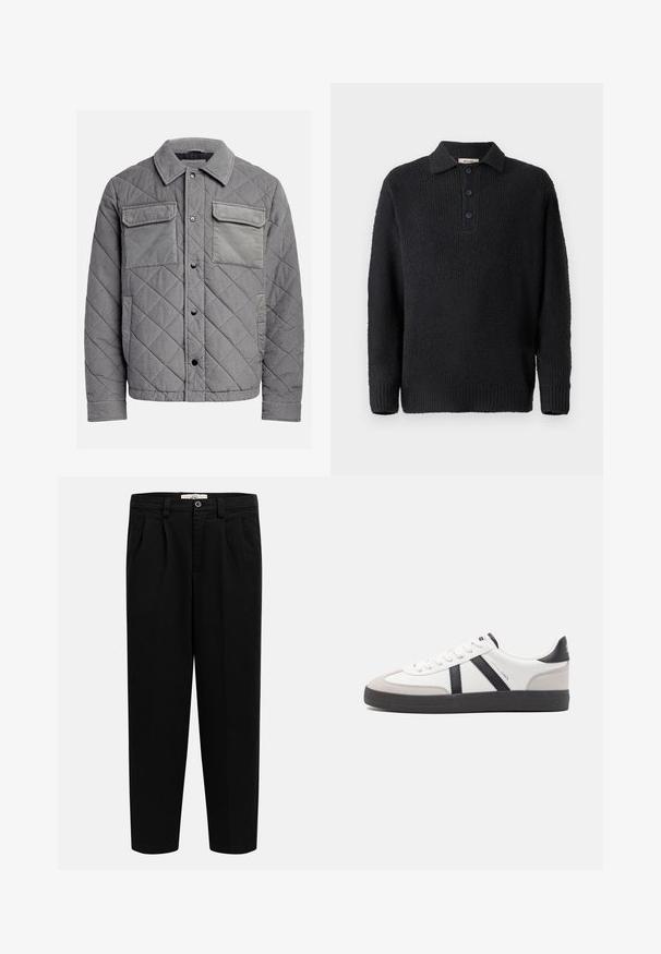 Chaqueta acolchada gris hecha de tejido texturizado, con dos bolsillos en el pecho, botones a presión y un cuello con puntas. Diseño duradero y aislante.; Suéter negro de punto con un acabado texturizado, presenta un cuello clásico y una tapeta de tres botones. Mangas largas con puños de canalé.; Pantalones negros de talle alto y pierna recta con trabillas para cinturón, pinzas delanteras, bolsillos laterales y cierre de botón en la cintura.; Zapatilla blanca con acentos en negro y gris, que presenta una puntera texturizada en gris, suela de goma negra y cordones planos blancos. Diseño limpio, estilo minimalista.