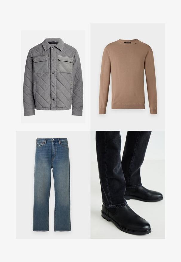 Gepolsterte graue Jacke aus strukturiertem Stoff, mit zwei Brusttaschen, Druckknöpfen und einem spitzen Kragen. Robuste und isolierte Konstruktion.; Beige Pullover mit langen Ärmeln und rundem Ausschnitt, aus weichem, strukturiertem Stoff. Verfügt über gerippte Bündchen und einen gerippten Saum sowie ein kleines Logodetail.; Blaue gerade geschnittene Denim-Jeans mit leichter Verwaschung, Fünf-Taschen-Design, Gürtelschlaufen und Vorderknopfverschluss.; Schwarze Leder-Stiefeletten mit runder Zehenform und elastischen Seitenpaneelen, kombiniert mit dunklen Jeans, die eine glatte Textur und ein schlankes Design zeigen.