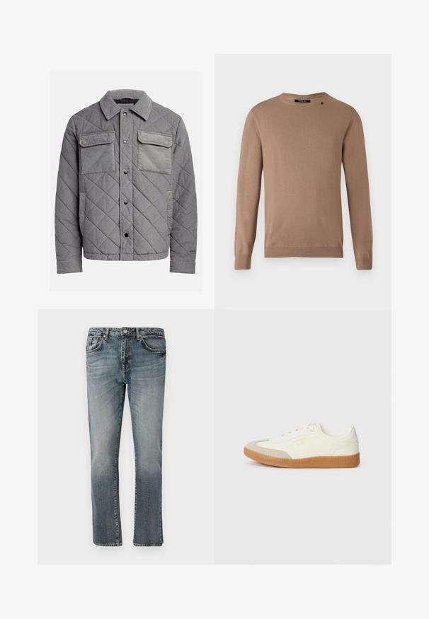 Quiltet grå jakke lavet af tekstureret stof, med to brystlommer, trykknapper og spidse krave. Holdbart og isoleret design.; Beige langærmet sweater med rund halsudskæring, lavet af blødt, tekstureret stof. Har ribbede manchetter og søm samt en lille logodetalje.; Blå denimjeans med lige ben-design, med en klassisk fem-lommeopbygning og en falmet vask for et slidt udseende.; Sneaker lavet af hvid læder med en beige tåhætte og let brunt gummisål. Har flade hvide snørebånd og prægede branding på siden.