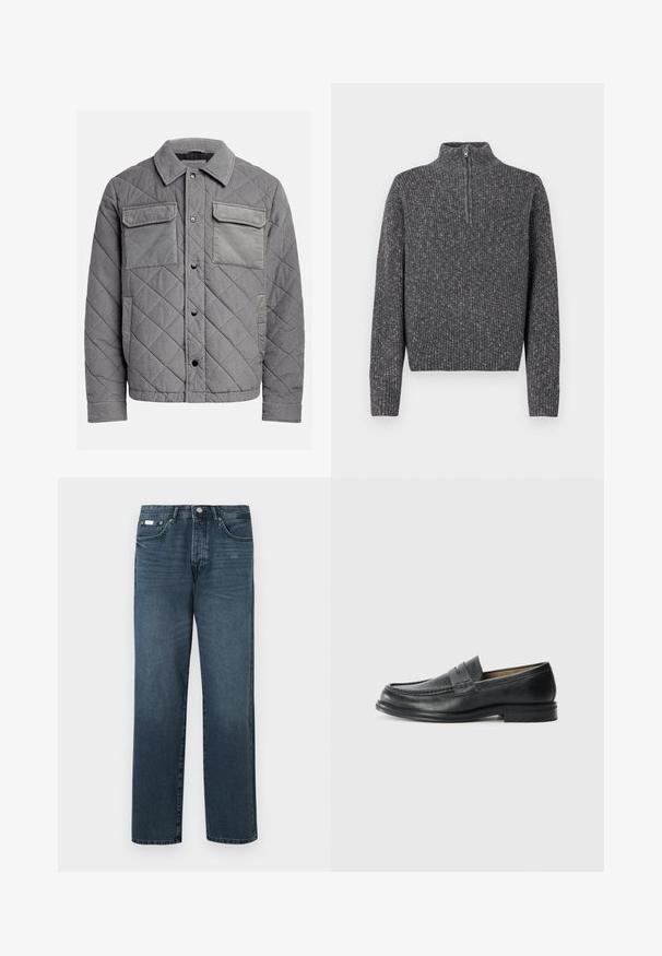 Quiltet grå jakke lavet af tekstureret stof, med to brystlommer, trykknapper og spidse krave. Holdbart og isoleret design.; Mørkegrå ribstrikket sweater med lange ærmer og en kort frontlynlås på en høj krave.; Mørkeblå denimbukser med lige pasform, fem lommer, bæltestropper og lynlås. Glat tekstur med subtile blegede detaljer.; Sorte læder loafers med et klassisk design, der har en syet detalje ved tåen og en lav, tekstureret gummisål.