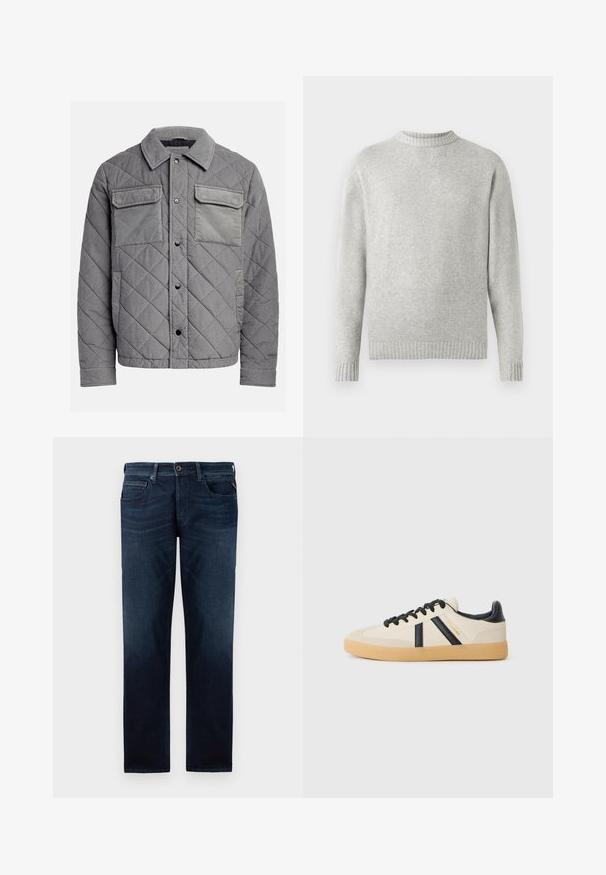 Quiltet grå jakke lavet af tekstureret stof, med to brystlommer, trykknapper og spidse krave. Holdbart og isoleret design.; Lysegrå sweater lavet af blødt stof, med ribbet rund halsudskæring og ribbede manchetter og kant. Minimalistisk design, lange ærmer.; Mørkeblå denimjeans med lige ben-design, fem-lomme stil og en synlig knaplukning i livet. Glat tekstur.; Casual sneakers i creme med sorte striber, med en tekstureret overdel og sål i gummigummi. Snørebåndene er sorte. Diskret logo på siden.