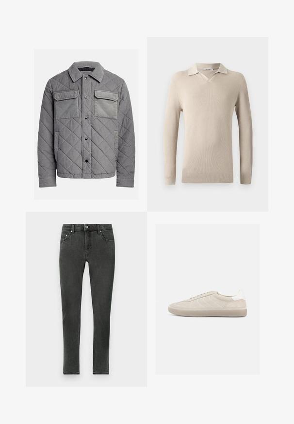 Veste grise matelassée en tissu texturé, dotée de deux poches poitrine, de boutons-pression et d'un col à point. Design durable et isolé.; Polo beige à manches longues avec un col en V et texture côtelée. Tissu doux avec un col classique et une coupe ajustée.; Jean skinny gris foncé en denim à la texture lisse, présentant un fermeture à boutons classique et un design standard à cinq poches.; Baskets en daim beige avec une tige texturée, un contrefort de talon blanc lisse, de fines lacets et une semelle extérieure en caoutchouc. Présente un design bas profil.