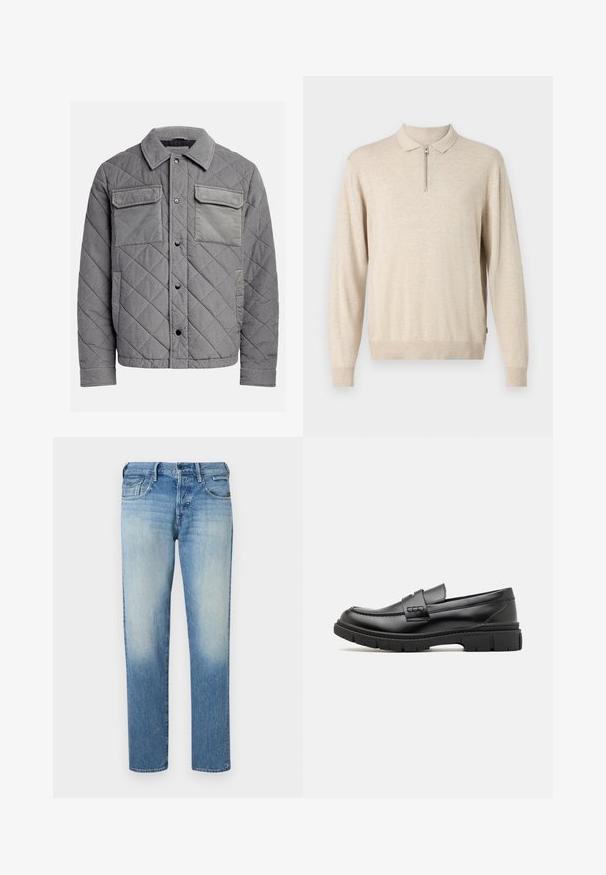 Chaqueta acolchada gris hecha de tejido texturizado, con dos bolsillos en el pecho, botones a presión y un cuello con puntas. Diseño duradero y aislante.; Suéter beige de manga larga con cuello tipo polo y cierre de cremallera. Hecho de material suave con puños y dobladillo acanalados.; Vaqueros de mezclilla azul claro con acabado desgastado, piernas de corte recto, cinco bolsillos y cierre de botón. Detalles de costura y etiqueta de la marca en la parte trasera.; Mocasin de cuero negro con una cinta ancha en el empeine, suela de goma con tacos gruesos y textura suave. Diseño clásico y elegante.