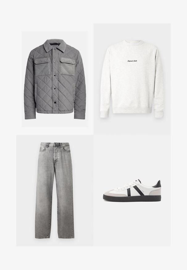 Veste grise matelassée en tissu texturé, dotée de deux poches poitrine, de boutons-pression et d'un col à point. Design durable et isolé.; Sweatshirt crewneck gris clair en matériau doux, présentant un petit logo noir "Originals Studio" sur le devant et des poignets côtelés.; Jeans larges gris en denim. Présente une taille haute, cinq poches et une fermeture par bouton et zip. Légère décoloration sur le tissu.; Baskets blanches avec des accents noirs et gris, présentant un embout texturé gris, une semelle en caoutchouc noir et des lacets plats blancs. Design épuré, style minimaliste.