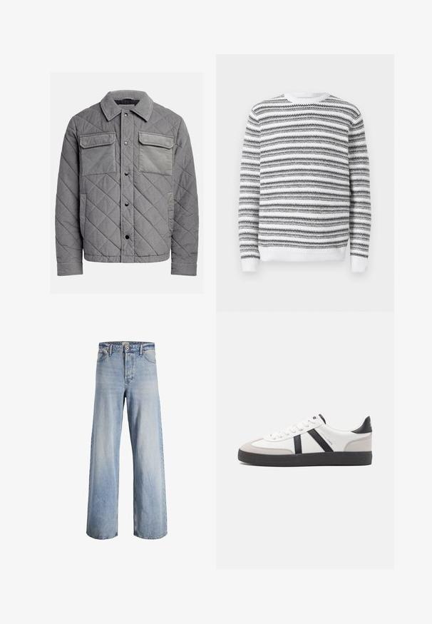 Chaqueta acolchada gris hecha de tejido texturizado, con dos bolsillos en el pecho, botones a presión y un cuello con puntas. Diseño duradero y aislante.; Suéter de punto con cuello redondo, que presenta rayas horizontales en blanco y negro y puños y dobladillo acanalados. Textura suave.; Jeans de tiro alto de pierna ancha en azul claro, con cierre frontal de botón y cremallera, cinco bolsillos y detalles desgastados en la tela.; Zapatilla blanca con acentos en negro y gris, que presenta una puntera texturizada en gris, suela de goma negra y cordones planos blancos. Diseño limpio, estilo minimalista.