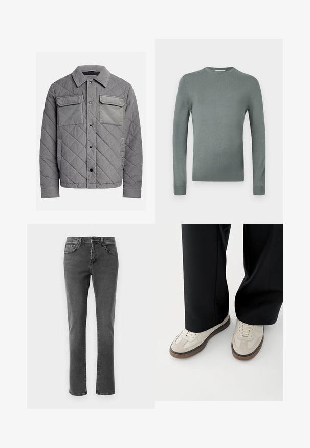Quiltet grå jakke lavet af tekstureret stof, med to brystlommer, trykknapper og spidse krave. Holdbart og isoleret design.; Lysegrøn langærmet sweater lavet af blødt strikstof. Har en rund halsudskæring og tætsiddende ærmer med ribbede manchetter. Enkelt design.; Sorte straight-leg denim jeans med front- og baglommer, lynlåslukning og knaplukning på en neutral hvid baggrund.; Fødder iført beige sneakers med brune såler og sorte bukser med vide ben på hvid baggrund.