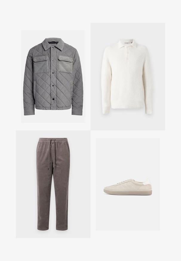 Veste grise matelassée en tissu texturé, dotée de deux poches poitrine, de boutons-pression et d'un col à point. Design durable et isolé.; Pull en tricot blanc avec une finition texturée, col à boutons et patte de boutonnage à trois boutons. Une bordure et des poignets côtelés complètent le design.; Pantalons en velours côtelé couleur taupe douce, avec une taille élastique munie d'un cordon de serrage et des jambes fuselées avec une texture côtelée verticale.; Baskets en daim beige avec une tige texturée, un contrefort de talon blanc lisse, de fines lacets et une semelle extérieure en caoutchouc. Présente un design bas profil.