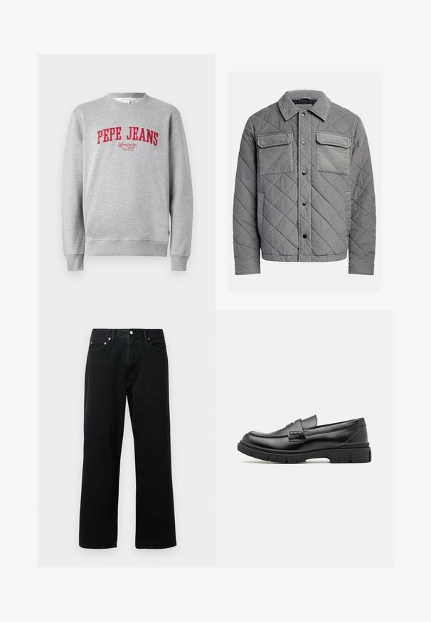 Quiltet grå jakke lavet af tekstureret stof, med to brystlommer, trykknapper og spidse krave. Holdbart og isoleret design.; Grå sweatshirt med rødt broderet "PEPE JEANS" logo og teksten "London W1 1973" nedenfor, ribbede ærmer og kant.; Sorte denimjeans med lige ben, fem-lomme design, metalnitter og knaplukning. Stoffet har en blød tekstur med minimal falming.; Sort læder loafersko med en bred rem over forfoden, gummisål med tykke mønstre og glat overflade. Klassisk, slankt design.