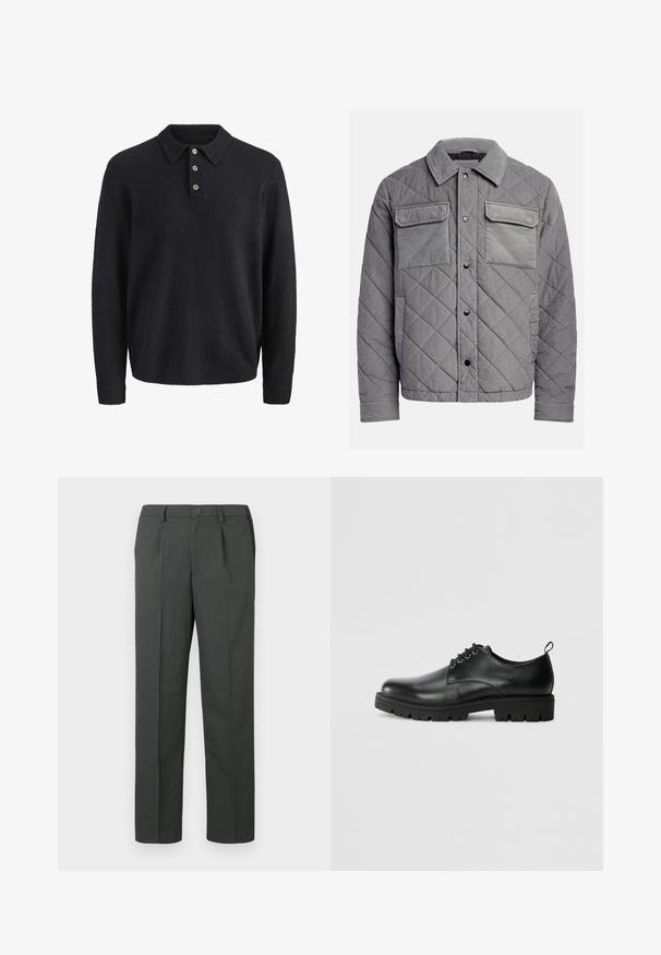 Quiltet grå jakke lavet af tekstureret stof, med to brystlommer, trykknapper og spidse krave. Holdbart og isoleret design.; Mørkeblå langærmet strikket sweater med krave og tre knapper ned foran.; Grå skræddersyede bukser med flad front, lige ben design og enkelt knaplukning, lavet af et letvægtsstof.; Sort læder sko med en rund tå, der har snørelukning, solid sort gummisål og en lille hælflap bagpå.