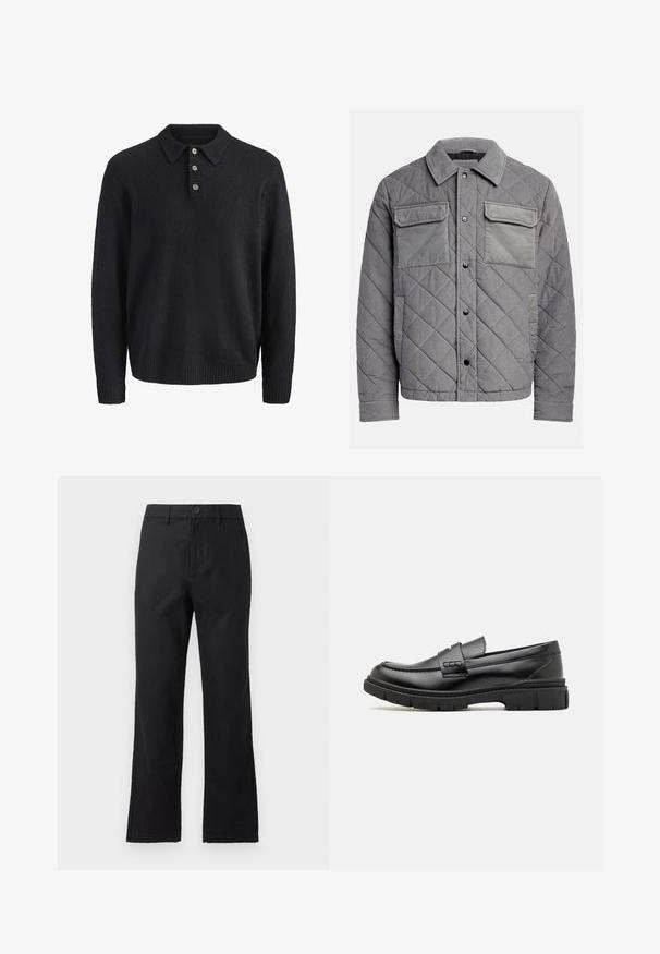 Quiltet grå jakke lavet af tekstureret stof, med to brystlommer, trykknapper og spidse krave. Holdbart og isoleret design.; Mørkeblå langærmet strikket sweater med krave og tre knapper ned foran.; Sorte bukser med lige ben, bæltestropper, knaplukning og forlommer, vist på en ens grå baggrund.; Sort læder loafersko med en bred rem over forfoden, gummisål med tykke mønstre og glat overflade. Klassisk, slankt design.