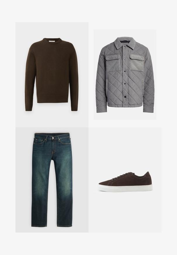 Quiltet grå jakke lavet af tekstureret stof, med to brystlommer, trykknapper og spidse krave. Holdbart og isoleret design.; Brun strikket sweater med rund hals, lange ærmer og ribbede manchetter. Blød tekstur, glat finish og en afslappet pasform.; Mørkeblå denimjeans med lige ben, synlige sømme, fem-lomme-design og let slidt tekstur med svag falming.; Mørkebrune ruskind lave sneakers med matchende snørebånd og tyk hvid gummisål, vist fra siden på en ensfarvet baggrund.