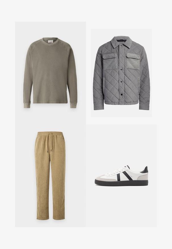 Veste grise matelassée en tissu texturé, dotée de deux poches poitrine, de boutons-pression et d'un col à point. Design durable et isolé.; Sweat-shirt long vert avec une surface texturée et côtelée, col rond et manches à poignet. Présente des manches raglan pour plus de liberté de mouvement.; Pantalon en velours côtelé couleur marron clair, avec une texture côtelée, une taille élastique avec cordon de serrage, et une coupe droite.; Baskets blanches avec des accents noirs et gris, présentant un embout texturé gris, une semelle en caoutchouc noir et des lacets plats blancs. Design épuré, style minimaliste.