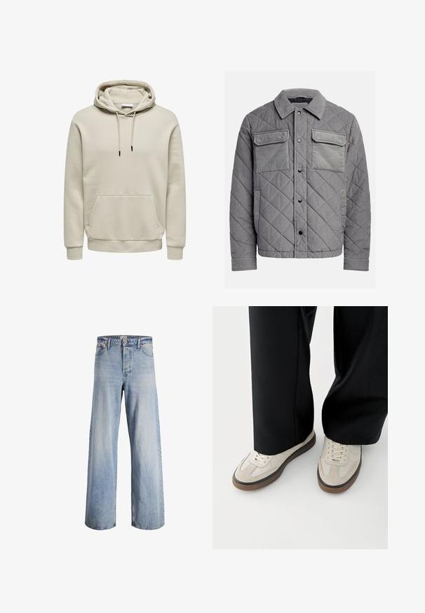 Quiltet grå jakke lavet af tekstureret stof, med to brystlommer, trykknapper og spidse krave. Holdbart og isoleret design.; Beige hættetrøje med snore, kængurulomme, ribkanter ved ærmer og kant, vist på hvid baggrund.; Lysblå højtaljede wide-leg jeans med frontknap og lynlås, fem lommer og falmede detaljer på stoffet.; Fødder iført beige sneakers med brune såler og sorte bukser med vide ben på hvid baggrund.