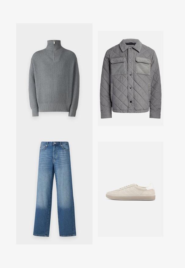 Gepolsterte graue Jacke aus strukturiertem Stoff, mit zwei Brusttaschen, Druckknöpfen und einem spitzen Kragen. Robuste und isolierte Konstruktion.; Grauer gerippter Pullover mit hohem, Reißverschluss-Kragen und langen Ärmeln. Verfügt über ein strukturiertes Strickmuster, hat eine entspannte Passform und elastische Bündchen.; Blaue hochgeschnittene Straight-Leg-Jeans mit Ausbleichungen an den Oberschenkeln und dunklerem Schatten nahe den Säumen, sichtbare vordere Knöpfe und Taschen.; Beiger Wildleder-Sneaker mit strukturiertem Obermaterial, glattem weißen Fersenbereich, dünnen Schnürsenkeln und Gummisohle. Verfügt über ein flaches Design.
