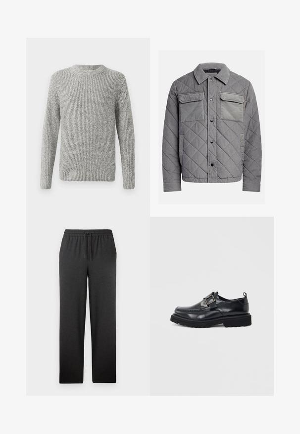 Quiltet grå jakke lavet af tekstureret stof, med to brystlommer, trykknapper og spidse krave. Holdbart og isoleret design.; Grå strikket sweater med lange ærmer, rund halsudskæring og ribbede manchetter og kant. Teksturen er tyk og struktureret, velegnet til køligere vejr.; Sorte bukser med elastisk talje og snorelukning. Lavet af blødt stof, de har en lige ben-snit og minimal tekstur. Ingen synlige lommer.; Sort læderloafer med tyk sål og sølvspændebånd på siden mod hvid baggrund.