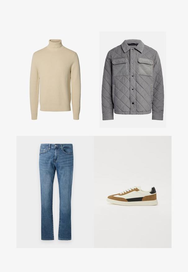 Quiltet grå jakke lavet af tekstureret stof, med to brystlommer, trykknapper og spidse krave. Holdbart og isoleret design.; Beige strikket rullekravesweater med lange ærmer og ribstrikkede manchetter og kant, vist på en ensfarvet hvid baggrund.; Straight-leg blå denim jeans med klassisk fem-lomme design og knaplukning, vist mod en hvid baggrund.; Sko i en blanding af hvide, brune og sorte materialer, med et design i ruskind og læder, rund tå og en flad gummisål.