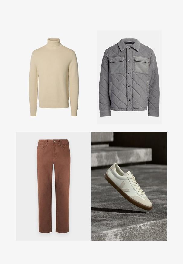 Chaqueta acolchada gris hecha de tejido texturizado, con dos bolsillos en el pecho, botones a presión y un cuello con puntas. Diseño duradero y aislante.; Jersey de punto beige con cuello vuelto, mangas largas y puños y bajo acanalados, mostrado sobre un fondo blanco liso.; Pantalones de mezclilla marrones con un diseño de pierna recta. Las características incluyen un cierre frontal con botón, dos bolsillos laterales y detalles de costura mínimos.; Zapatillas blancas de cuero con suela de goma color beige, cordones planos y un acento en forma de V en el costado. Presentan una superficie lisa y detalles mínimos de costura.