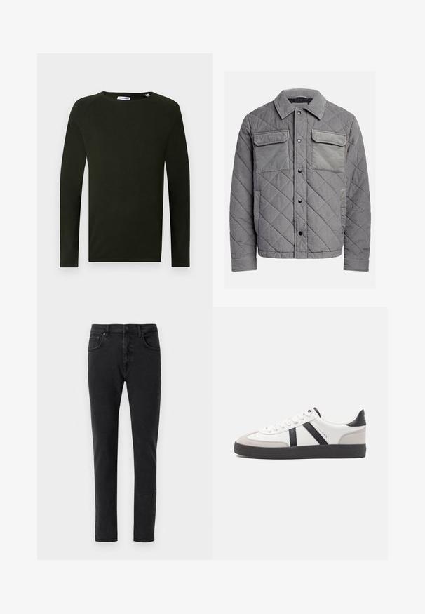 Chaqueta acolchada gris hecha de tejido texturizado, con dos bolsillos en el pecho, botones a presión y un cuello con puntas. Diseño duradero y aislante.; Camiseta de punto de manga larga en verde oscuro con escote redondo, que presenta un tejido texturizado y puños ajustados. Etiqueta visible en el cuello.; Jeans de mezclilla negra con corte ajustado, que presentan un clásico diseño de cinco bolsillos y detalles de costura mínimos. Textura suave, cinturilla estándar.; Zapatilla blanca con acentos en negro y gris, que presenta una puntera texturizada en gris, suela de goma negra y cordones planos blancos. Diseño limpio, estilo minimalista.
