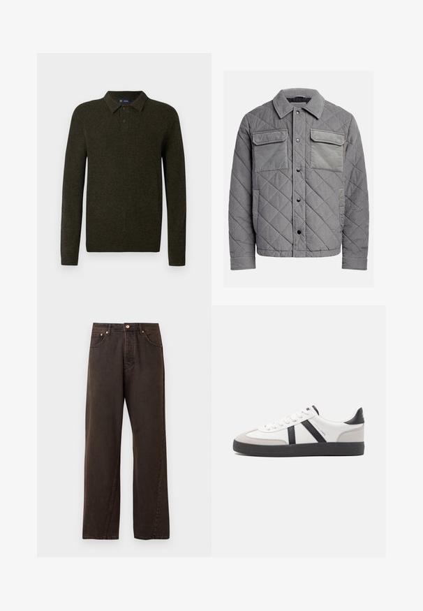 Chaqueta acolchada gris hecha de tejido texturizado, con dos bolsillos en el pecho, botones a presión y un cuello con puntas. Diseño duradero y aislante.; Suéter polo de manga larga verde con un acabado texturizado, tapeta de dos botones y puños acanalados. Diseño simple y clásico adecuado para uso informal.; Jeans de mezclilla marrón oscuro con un diseño de pierna recta, que cuentan con cinco bolsillos, un botón de cobre y detalles de costura sutiles.; Zapatilla blanca con acentos en negro y gris, que presenta una puntera texturizada en gris, suela de goma negra y cordones planos blancos. Diseño limpio, estilo minimalista.