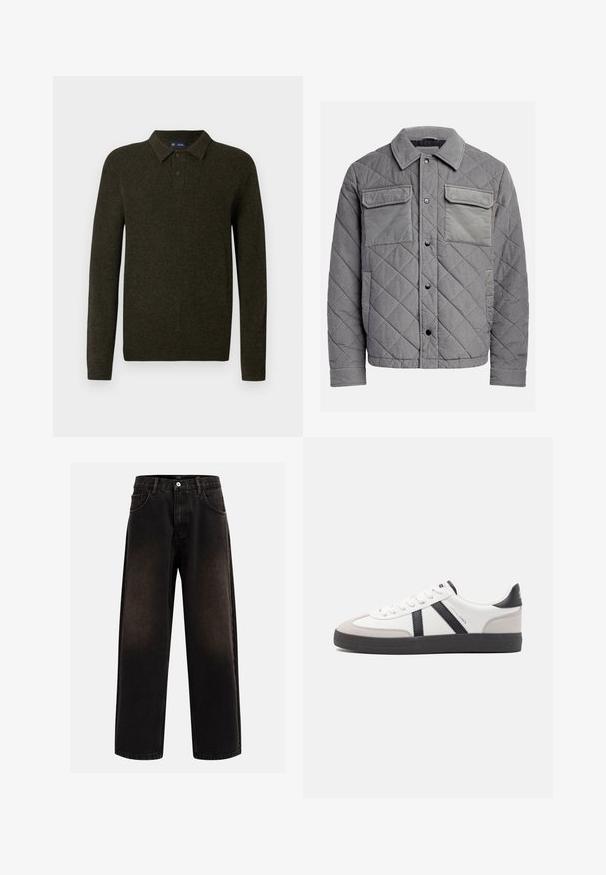 Chaqueta acolchada gris hecha de tejido texturizado, con dos bolsillos en el pecho, botones a presión y un cuello con puntas. Diseño duradero y aislante.; Suéter polo de manga larga verde con un acabado texturizado, tapeta de dos botones y puños acanalados. Diseño simple y clásico adecuado para uso informal.; Jeans de mezclilla negra con un corte relajado, con pasadores para cinturón, diseño de cinco bolsillos y cierre de botón. Tejido texturizado con un leve desgaste.; Zapatilla blanca con acentos en negro y gris, que presenta una puntera texturizada en gris, suela de goma negra y cordones planos blancos. Diseño limpio, estilo minimalista.