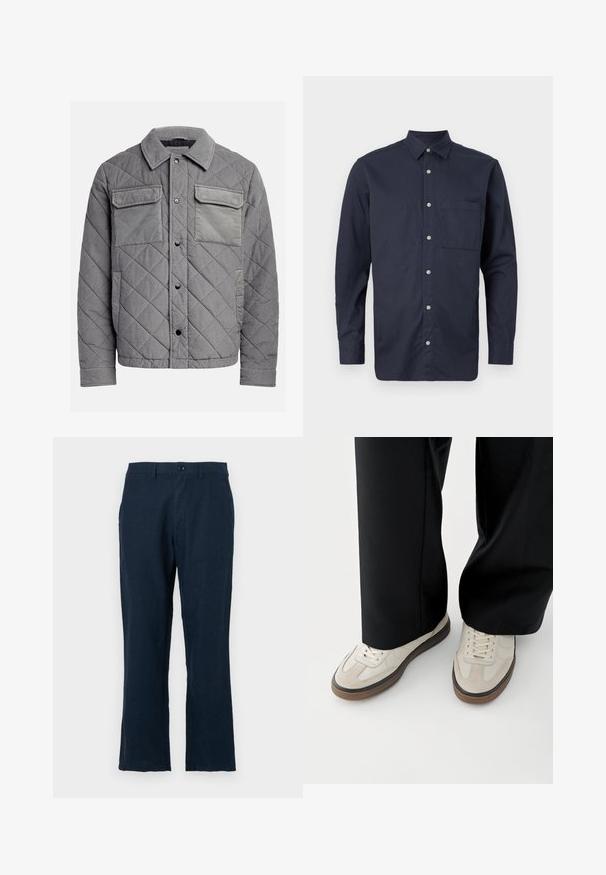 Chaqueta acolchada gris hecha de tejido texturizado, con dos bolsillos en el pecho, botones a presión y un cuello con puntas. Diseño duradero y aislante.; Camisa de manga larga de un azul marino, hecha de algodón, con cuello abotonado, bolsillo frontal y una fila de botones plateados en la parte delantera.; Pantalones de lino azul marino con corte recto, cierre de botón y bolsillos estándar. La tela tiene una textura suave y un detalle mínimo.; Pies con zapatillas beige con suelas marrones y pantalones negros de pierna ancha sobre un fondo blanco.