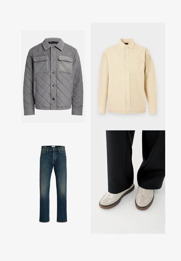 Chaqueta acolchada gris hecha de tejido texturizado, con dos bolsillos en el pecho, botones a presión y un cuello con puntas. Diseño duradero y aislante.; Camisa de rayas amarillas y azul claro con botones, cuello, mangas largas y un solo bolsillo en el pecho. Material de algodón, textura suave.; Vaqueros de denim con un lavado azul medio, corte recto, diseño clásico de cinco bolsillos y un ligero desgaste en los muslos para mayor textura.; Pies con zapatillas beige con suelas marrones y pantalones negros de pierna ancha sobre un fondo blanco.