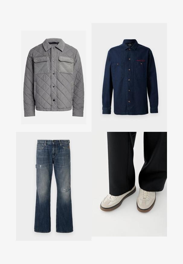 Chaqueta acolchada gris hecha de tejido texturizado, con dos bolsillos en el pecho, botones a presión y un cuello con puntas. Diseño duradero y aislante.; Camisa de botones azul marino con dos bolsillos en el pecho y logo bordado en rojo. Diseño minimalista sobre un fondo liso.; Jeans de mezclilla en azul oscuro con un lavado desgastado. Presenta un corte de pierna ancha, detalles desgastados que incluyen un desgarro, y un diseño estándar de cinco bolsillos.; Pies con zapatillas beige con suelas marrones y pantalones negros de pierna ancha sobre un fondo blanco.