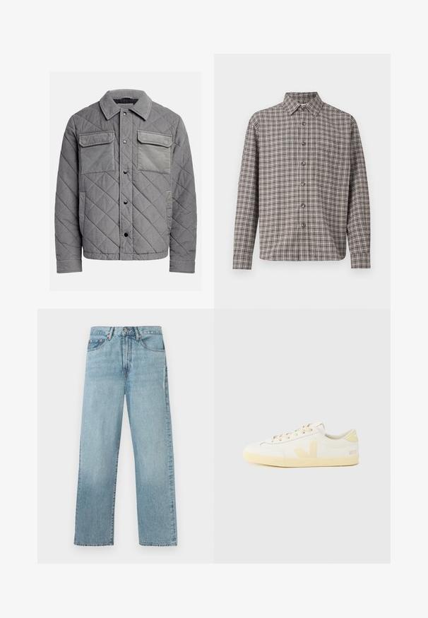 Quiltet grå jakke lavet af tekstureret stof, med to brystlommer, trykknapper og spidse krave. Holdbart og isoleret design.; Brun og creme plaid skjorte med knap-ned krave, lange ærmer og frontknapper; lavet af struktureret stof.; Lyseblå denimjeans med lige ben, fem lomme-design og knaplukning i taljen.; Hvide lædersneakers med en gul gummisål, med minimalistisk design, afrundet tå og en logo-detalje på siden og hælen.