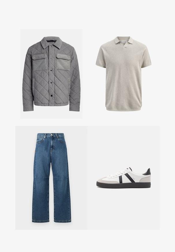 Gepolsterte graue Jacke aus strukturiertem Stoff, mit zwei Brusttaschen, Druckknöpfen und einem spitzen Kragen. Robuste und isolierte Konstruktion.; Beiges Poloshirt aus strukturierter Baumwolle mit kurzen Ärmeln, Kragen und leichtem V-Ausschnitt, mit dem Etikett Jack & Jones.; Blaue Jeans aus Denim mit entspannter Passform, geraden Beinen, sichtbarem Nähen und einem vorderen Knopfverschluss. Verfügt über eine Seitentasche mit einem Akzent.; Weiße Sneaker mit schwarz- und grau-aczenten, ausgestattet mit einer strukturierten grauen Zehenkappe, schwarzer Gummi-Sohle und flachen weißen Schnürsenkeln. Sauberes Design, minimalistische Stil.