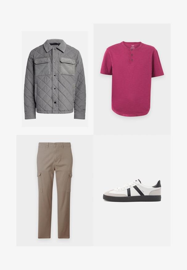 Veste grise matelassée en tissu texturé, dotée de deux poches poitrine, de boutons-pression et d'un col à point. Design durable et isolé.; T-shirt henley à manches courtes dans une couleur magenta vive. Présente un col rond, une patte de boutonnage à trois boutons et un ourlet légèrement incurvé. Texture douce.; Jack & Jones Cargo Tapered Fit - Pantalon cargo - brindle; Baskets blanches avec des accents noirs et gris, présentant un embout texturé gris, une semelle en caoutchouc noir et des lacets plats blancs. Design épuré, style minimaliste.