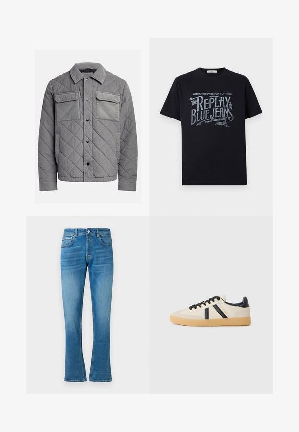 Gepolsterte graue Jacke aus strukturiertem Stoff, mit zwei Brusttaschen, Druckknöpfen und einem spitzen Kragen. Robuste und isolierte Konstruktion.; Schwarzes Baumwoll-T-Shirt mit kurzen Ärmeln und rundem Halsausschnitt, mit einem grafischen Textdesign im Vintage-Stil in Weiß und hellblau auf der Vorderseite.; Blaue Denim- Schlagjeans mit normaler Taille, zwei Fronttaschen und leichter Abnutzung. Der Stoff hat eine weiche Textur und traditionelle Nähte.; Legere Sneaker in Creme mit schwarzen Streifen, mit einer strukturierten Oberseite und einer Sohle aus Gummi. Die Schnürsenkel sind schwarz. Diskretes Logo an der Seite.