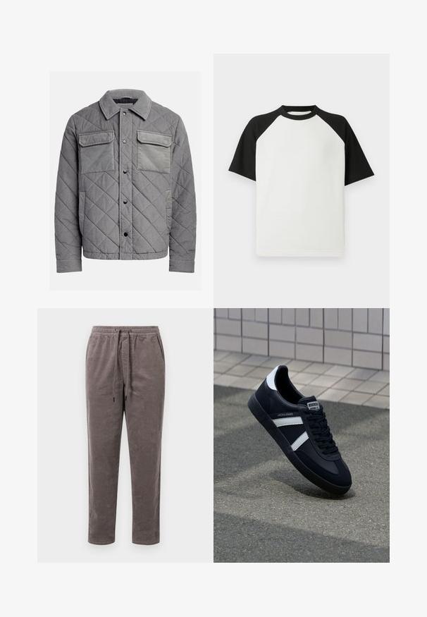 Chaqueta acolchada gris hecha de tejido texturizado, con dos bolsillos en el pecho, botones a presión y un cuello con puntas. Diseño duradero y aislante.; Camiseta de manga corta en blanco y negro con textura acanalada; cuenta con mangas raglán y cuello redondo.; Pantalones de pana en un color taupe suave, con una cintura elástica y cordón ajustable, y piernas estrechas con textura de canales verticales.; Zapatilla de cuero negra con rayas blancas, suela de goma texturizada y parte frontal con cordones. Cuenta con una etiqueta de marca en la lengüeta.