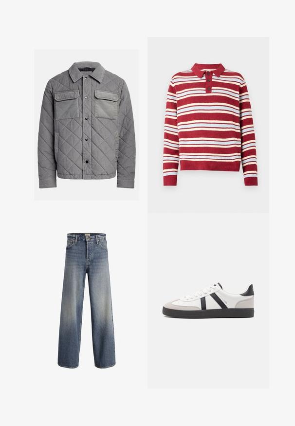 Gepolsterte graue Jacke aus strukturiertem Stoff, mit zwei Brusttaschen, Druckknöpfen und einem spitzen Kragen. Robuste und isolierte Konstruktion.; Gestreifter Strickpullover in Rot und Creme mit Kragen, drei Knöpfen und gerippten Bündchen und Saum. Softes Material, lässiges Design.; Helle blaue Schlagjeans aus Denim. Sie verfügen über eine hohe Taille, einen Knopfverschluss und subtile Ausbleichungen mit einer glatten Textur und genähten Nähten.; Weiße Sneaker mit schwarz- und grau-aczenten, ausgestattet mit einer strukturierten grauen Zehenkappe, schwarzer Gummi-Sohle und flachen weißen Schnürsenkeln. Sauberes Design, minimalistische Stil.