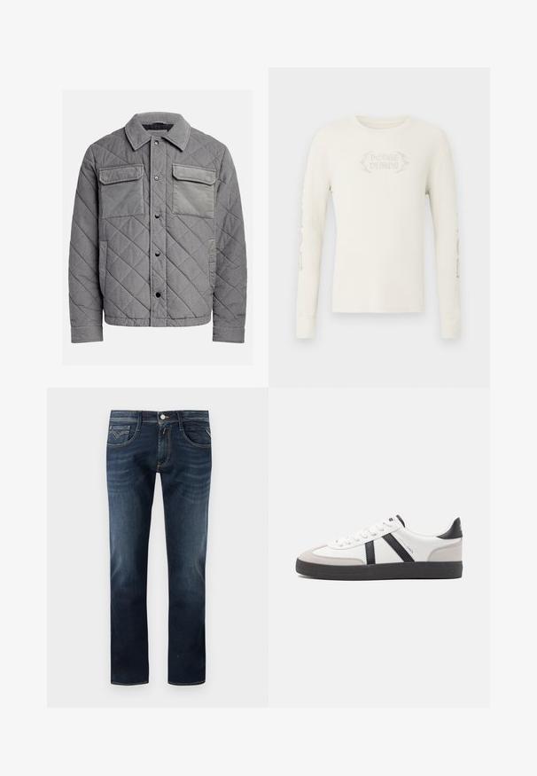 Gepolsterte graue Jacke aus strukturiertem Stoff, mit zwei Brusttaschen, Druckknöpfen und einem spitzen Kragen. Robuste und isolierte Konstruktion.; Langärmeliges, cremefarbenes, geripptes T-Shirt mit der Stickerei "DODGE DEMON" auf der Vorderseite und Grafiken auf dem rechten Ärmel. Weiche Textur.; Dunkelblaue Jeans aus Denim mit einem klassischen geraden Bein Design, ausgestattet mit fünf Taschen, einem Knopfverschluss vorne und dezenten Steppnähten.; Weiße Sneaker mit schwarz- und grau-aczenten, ausgestattet mit einer strukturierten grauen Zehenkappe, schwarzer Gummi-Sohle und flachen weißen Schnürsenkeln. Sauberes Design, minimalistische Stil.