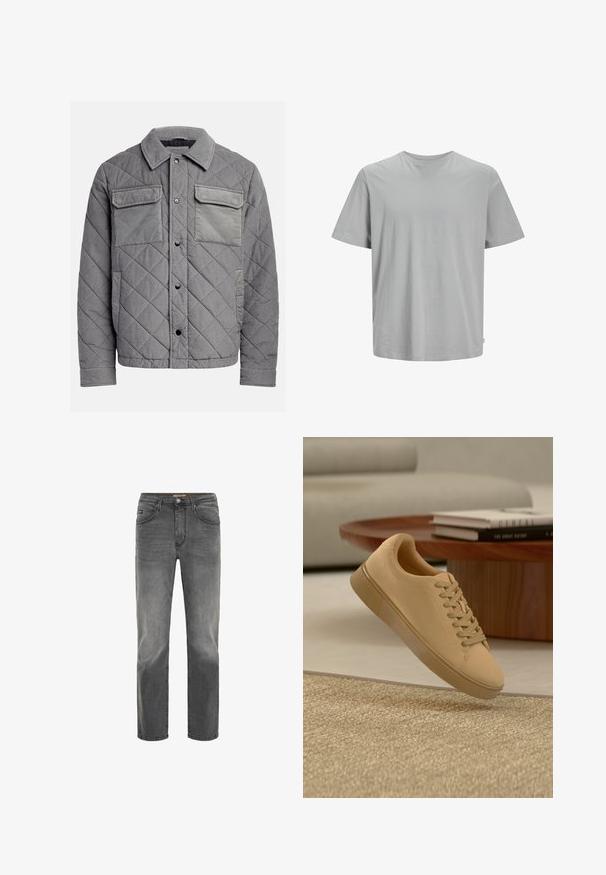 Quiltet grå jakke lavet af tekstureret stof, med to brystlommer, trykknapper og spidse krave. Holdbart og isoleret design.; Grå bomulds t-shirt med korte ærmer, rund halsudskæring og en afslappet pasform. Har en simpel, ensfarvet overflade uden synlige mønstre eller accenter.; Drejede mænds jeans i falmet mørkegrå denim med frontlommer, bæltestropper og knappelukning.; Beige snørestøvler, der svæver over et tekstureret tæppe med et træ sofabord og stablede bøger i en sløret baggrund.
